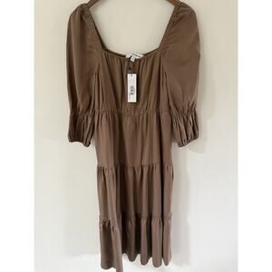 The Drop Women's Keyla Puff-Sleeve Square-Neck Tiered Midi Dress Small New Brown